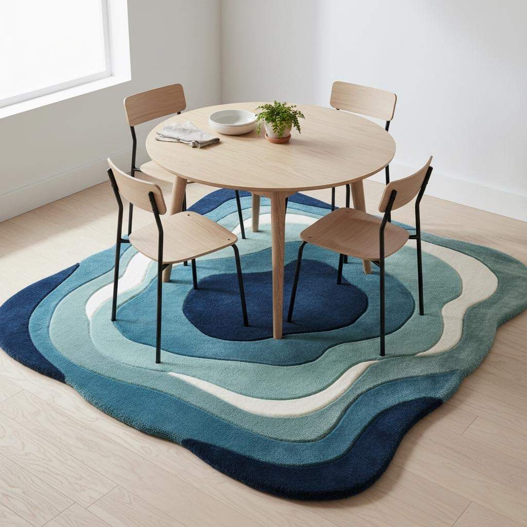 Modern wavy rug with abstract ocean blue pattern and plush soft texture