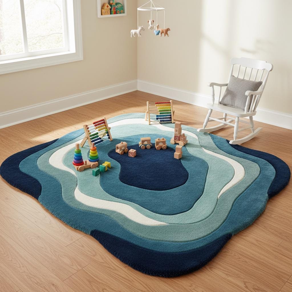 Teal and navy abstract area rug with flowing curved shapes styled under a blue chair on warm herringbone flooring.
