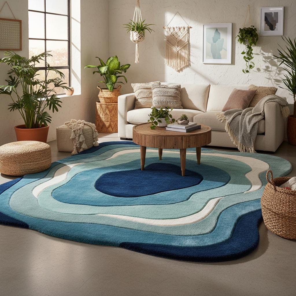 Soft plush abstract rug in blue tones styled with a velvet blue armchair and mid-century décor in a sunlit home interior.