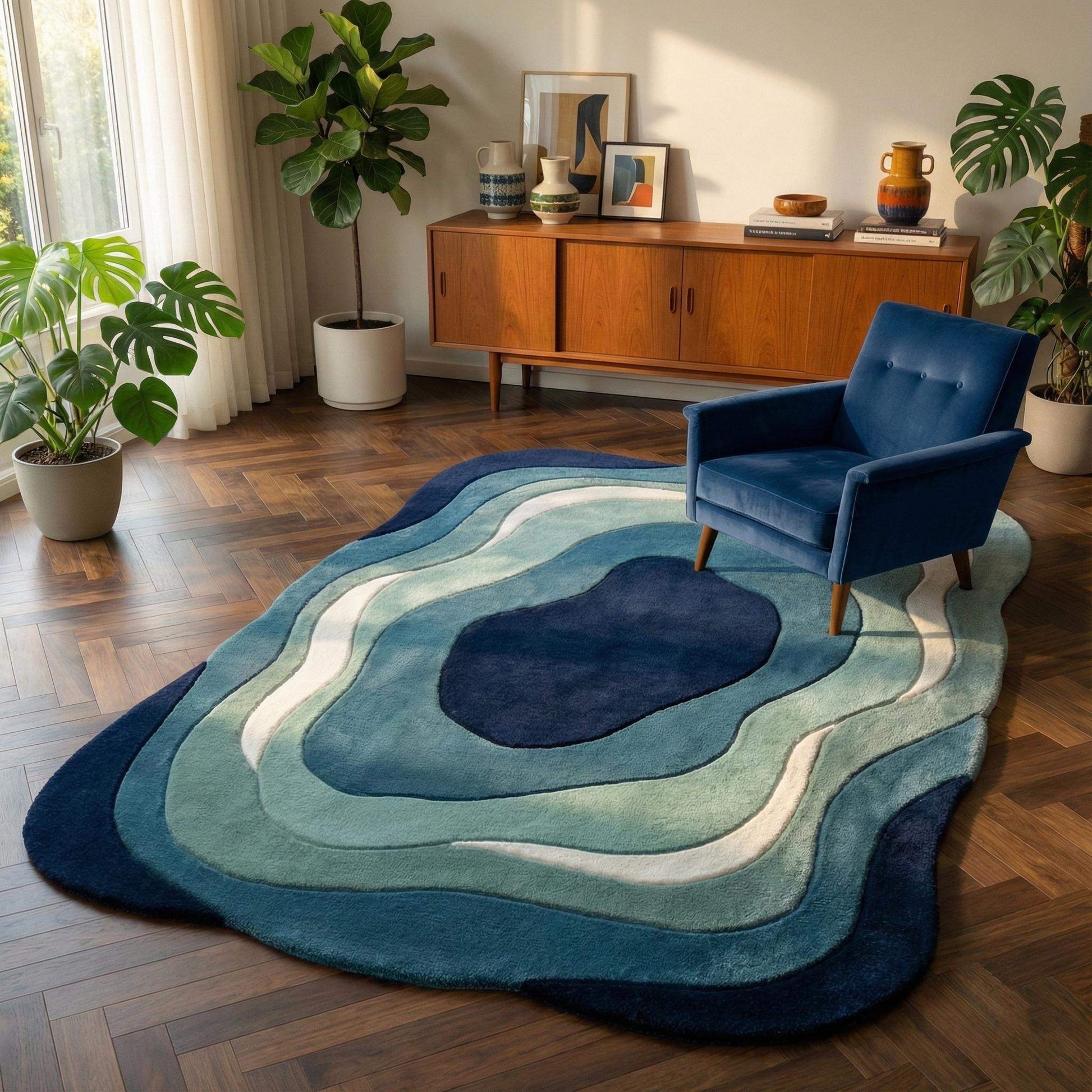 modern wavy rug with abstract ocean blue pattern and plush soft texture
