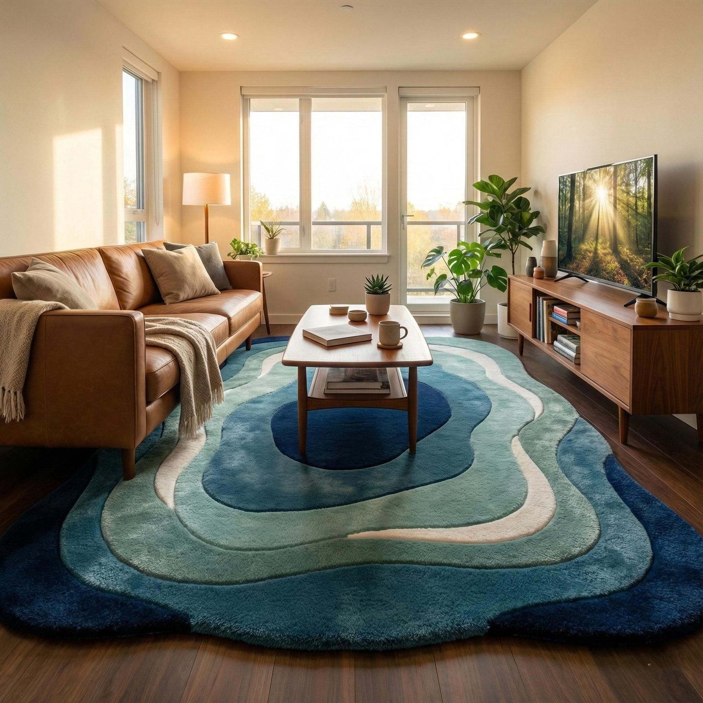 Abstract modern wavy rug with ocean blue pattern and plush soft texture
