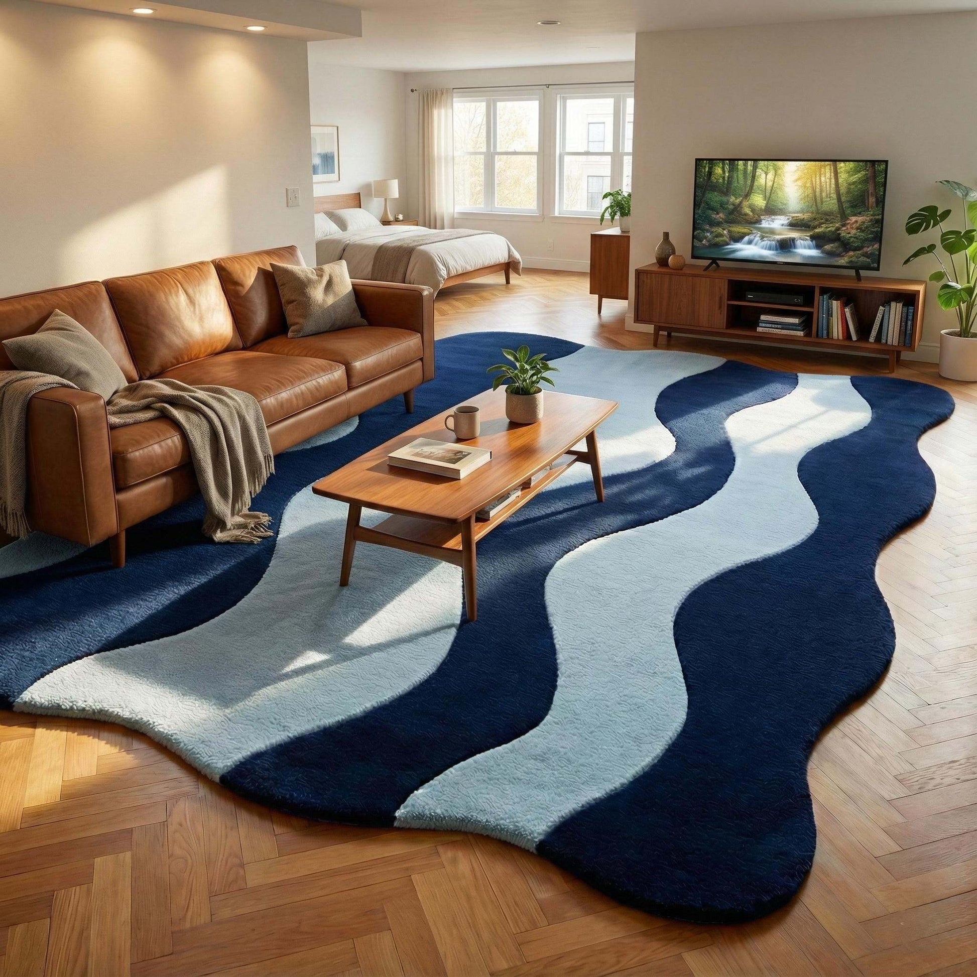 Modern wavy rug with abstract navy and light blue curved design, soft high pile, and unique shape for contemporary living rooms.