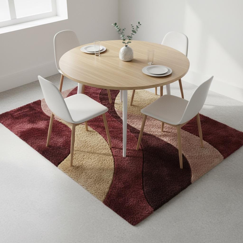 Decorative retro carpet with abstract wave design enhancing a cozy reading corner.