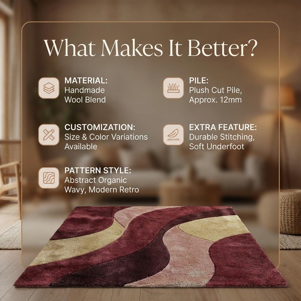 Burgundy retro wavy area rug with plush geometric mid-century modern design