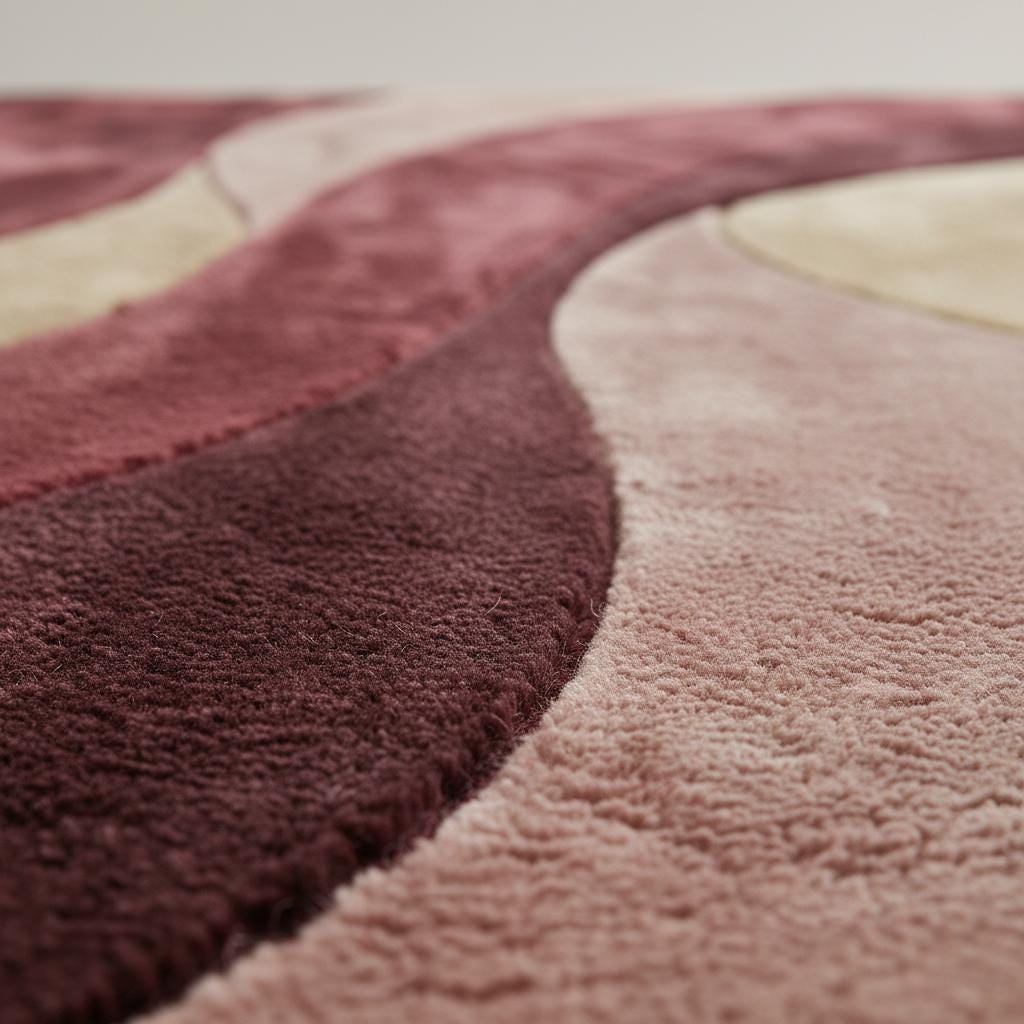 Burgundy plush Retro Wavy Area Rug with mid-century geometric pattern and soft texture