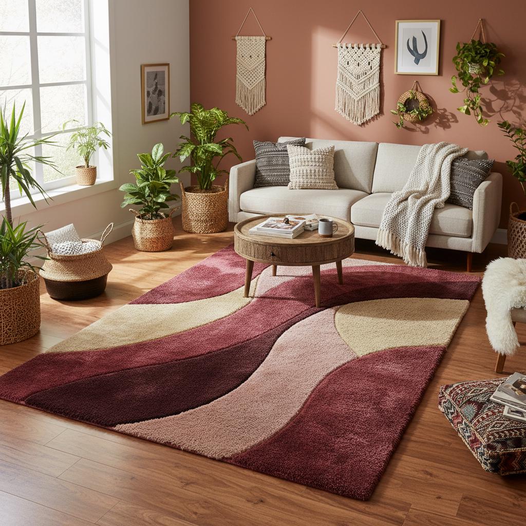 Abstract geometric rug with plush texture and warm color palette placed on a parquet wood floor.