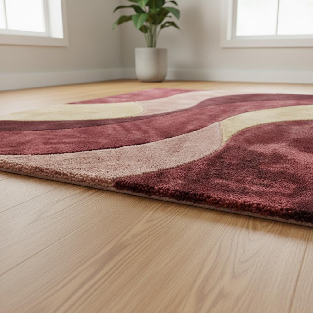 Retro wavy area rug with burgundy plush geometric mid-century pattern