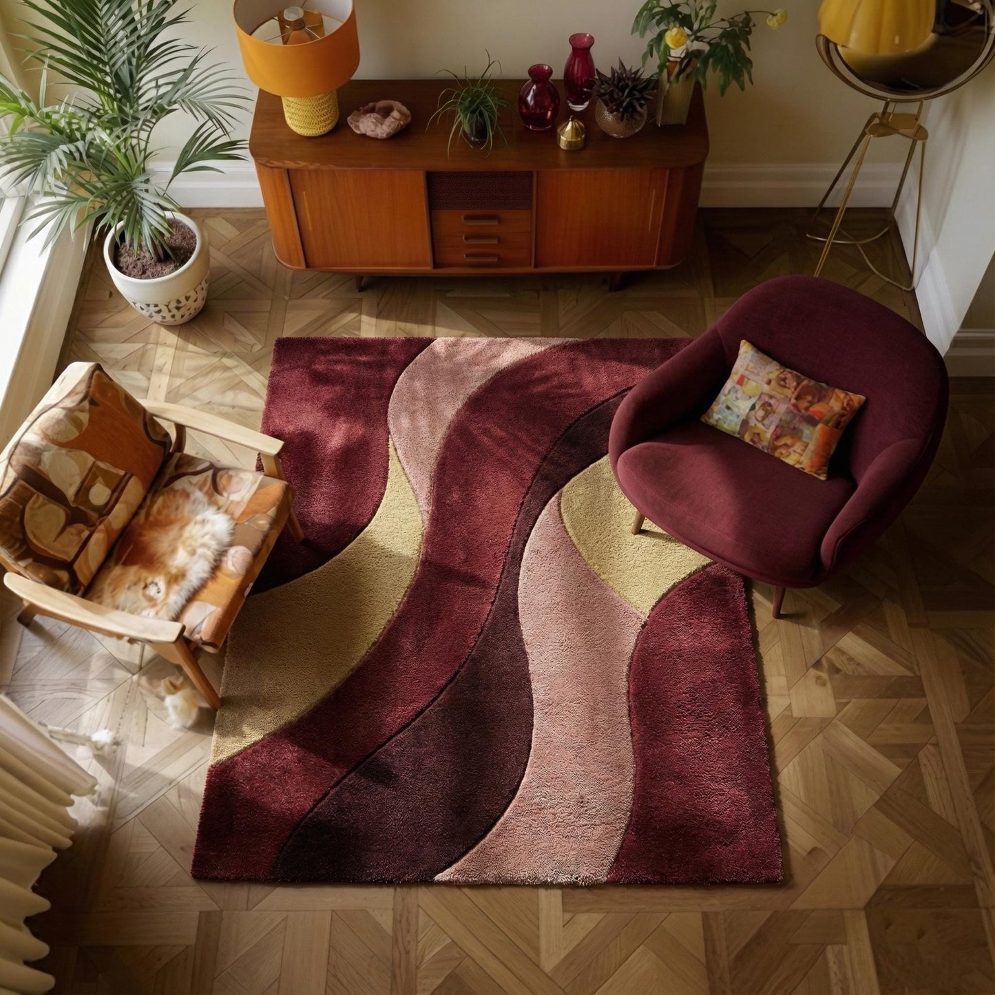 Retro wavy area rug with burgundy plush geometric pattern for mid-century modern decor