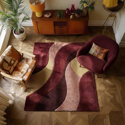 Retro wavy area rug with burgundy plush geometric pattern for mid-century modern decor