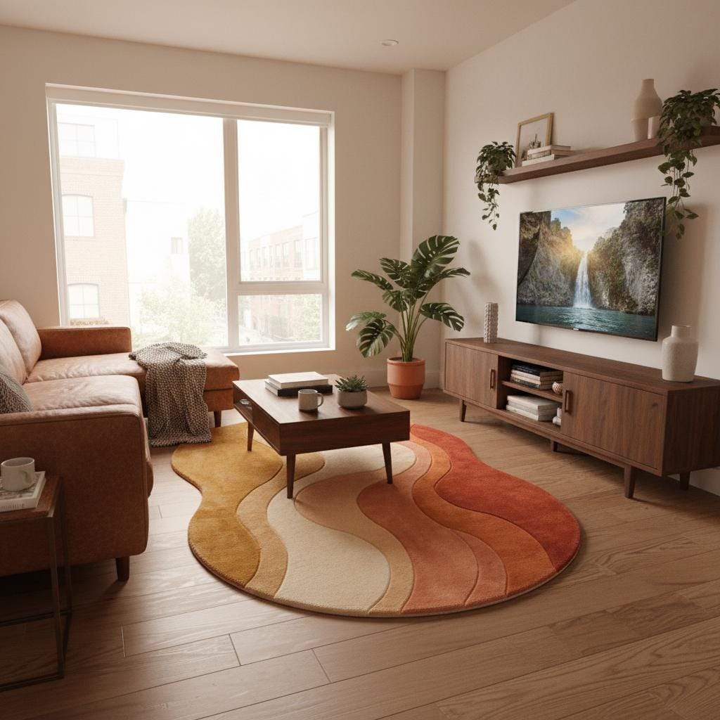 Boho modern wavy wool rug with raised tufting details styled next to mustard armchair and indoor plants.