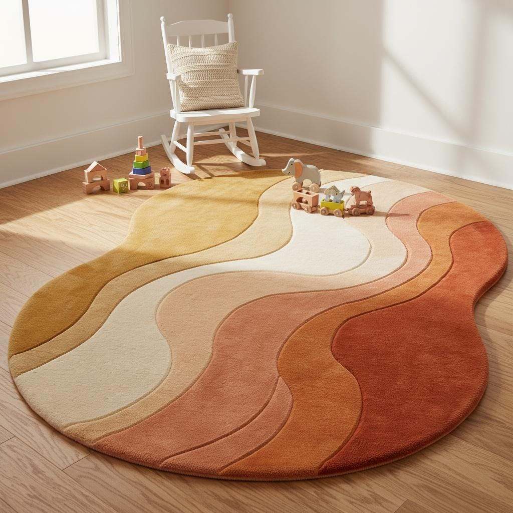 Retro inspired wavy rug in soft wool with dimensional carved texture, perfect for boho and mid-century home decor.