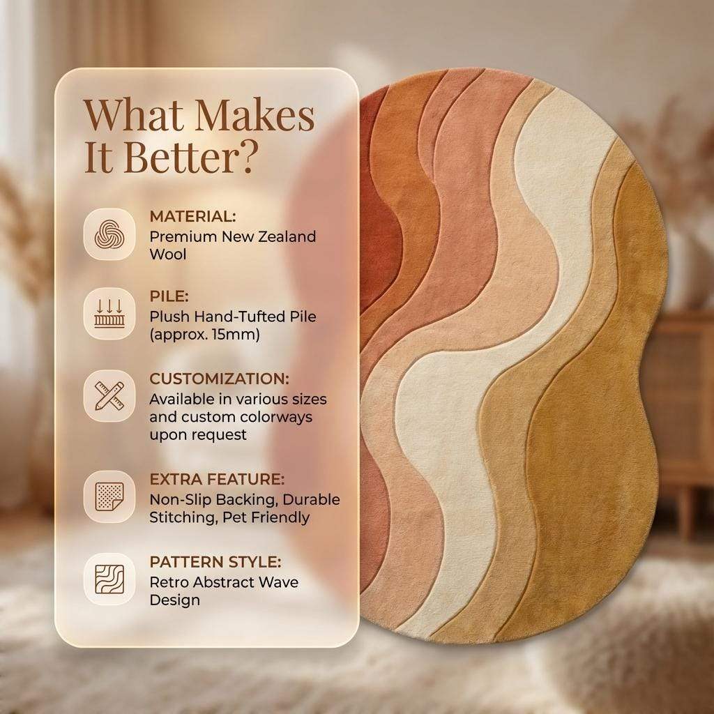Hand tufted modern wavy area rug with abstract ocean pattern in warm sunset wool fibers
