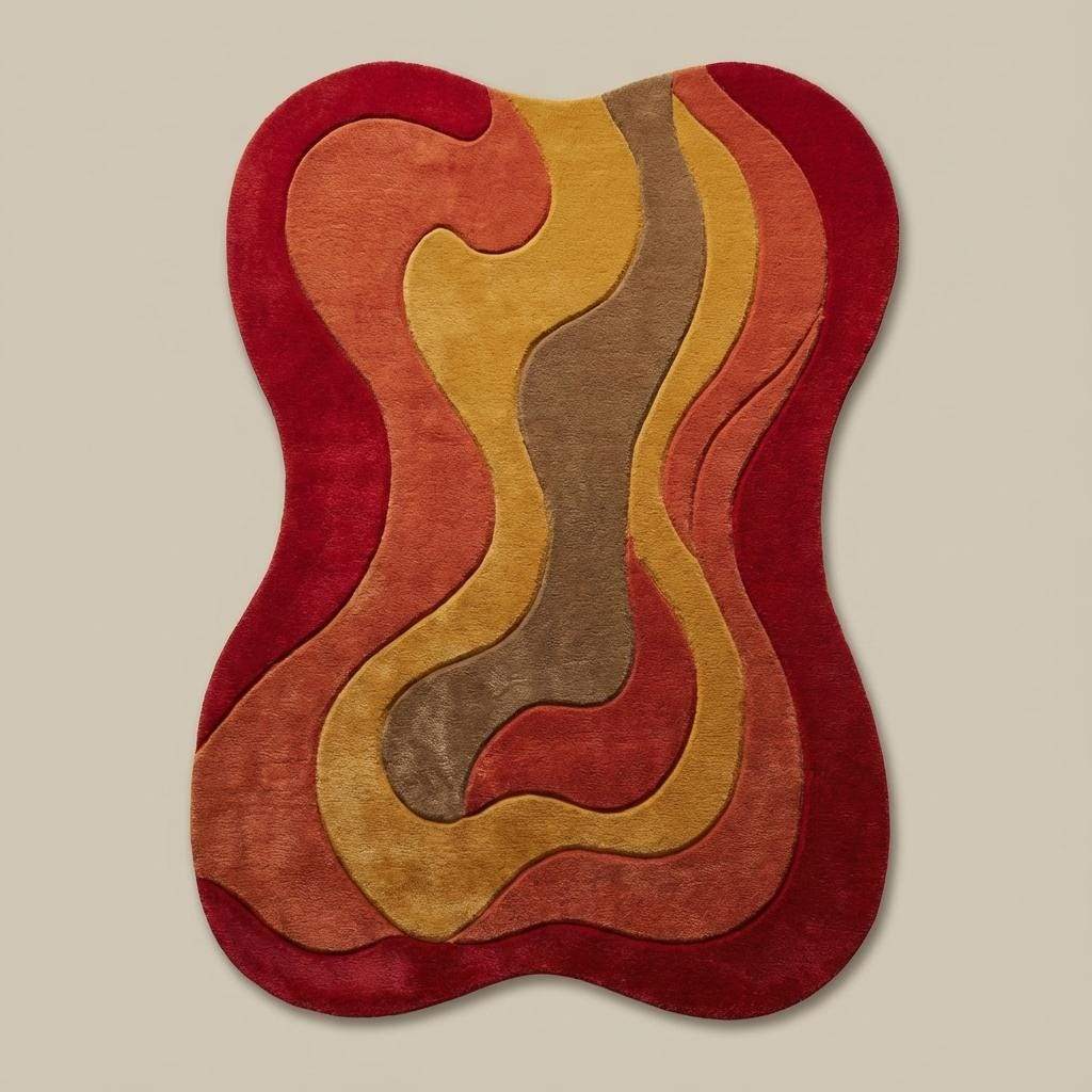 Colorful abstract freeform rug with red, orange, gold, and brown waves adding a groovy retro look to a cozy modern interior setting.