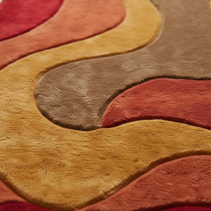 Retro wavy area rug with plush soft pile and 70s style abstract design in warm reds and browns