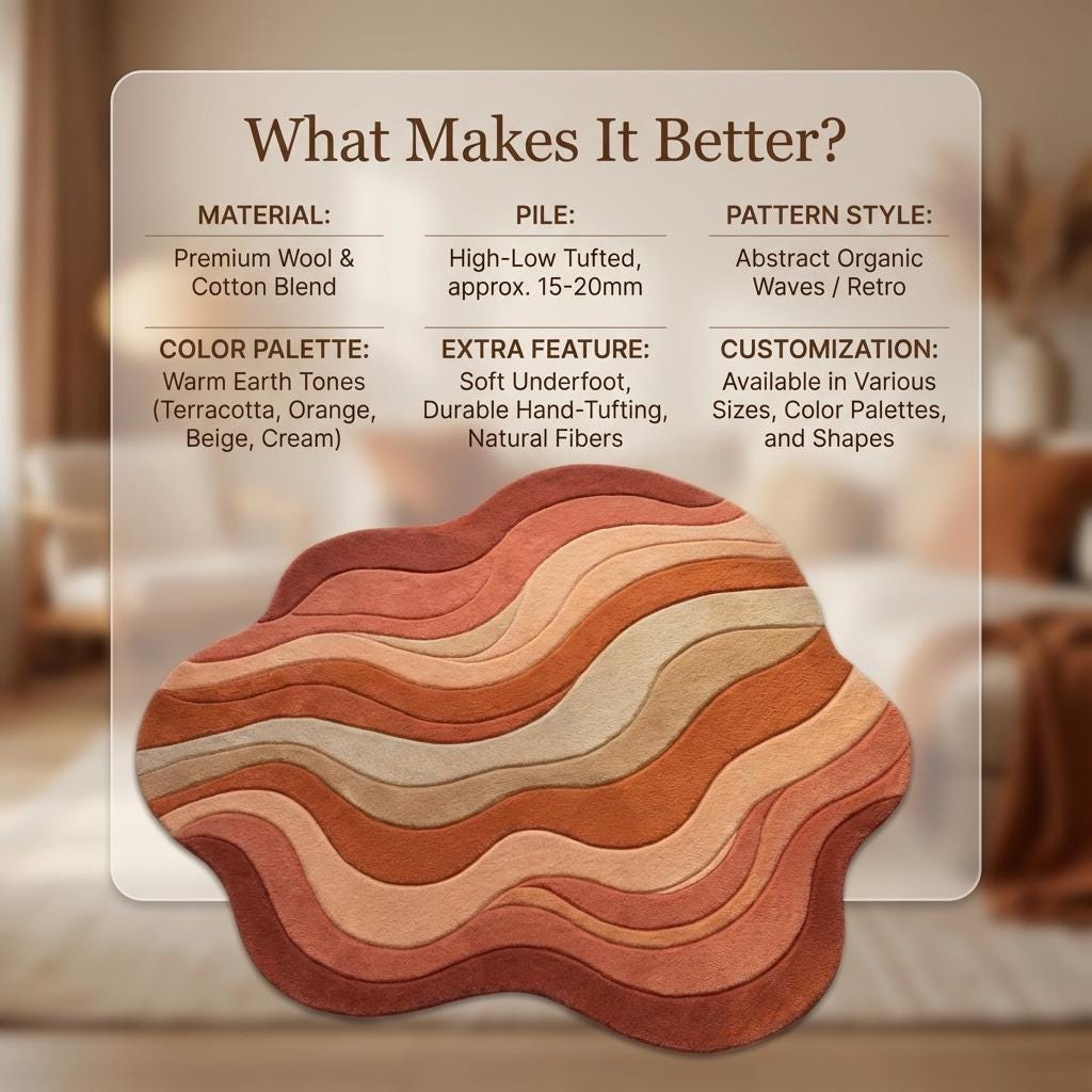 Wavy retro area rug with plush tufted texture and warm earth tones in organic sculpted shape