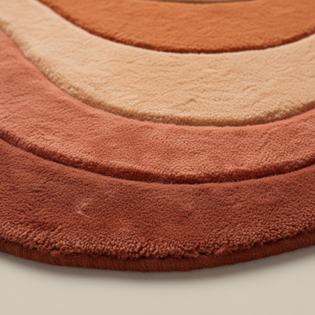 Wavy retro area rug with plush tufted texture and warm earth tones in sculpted organic shape