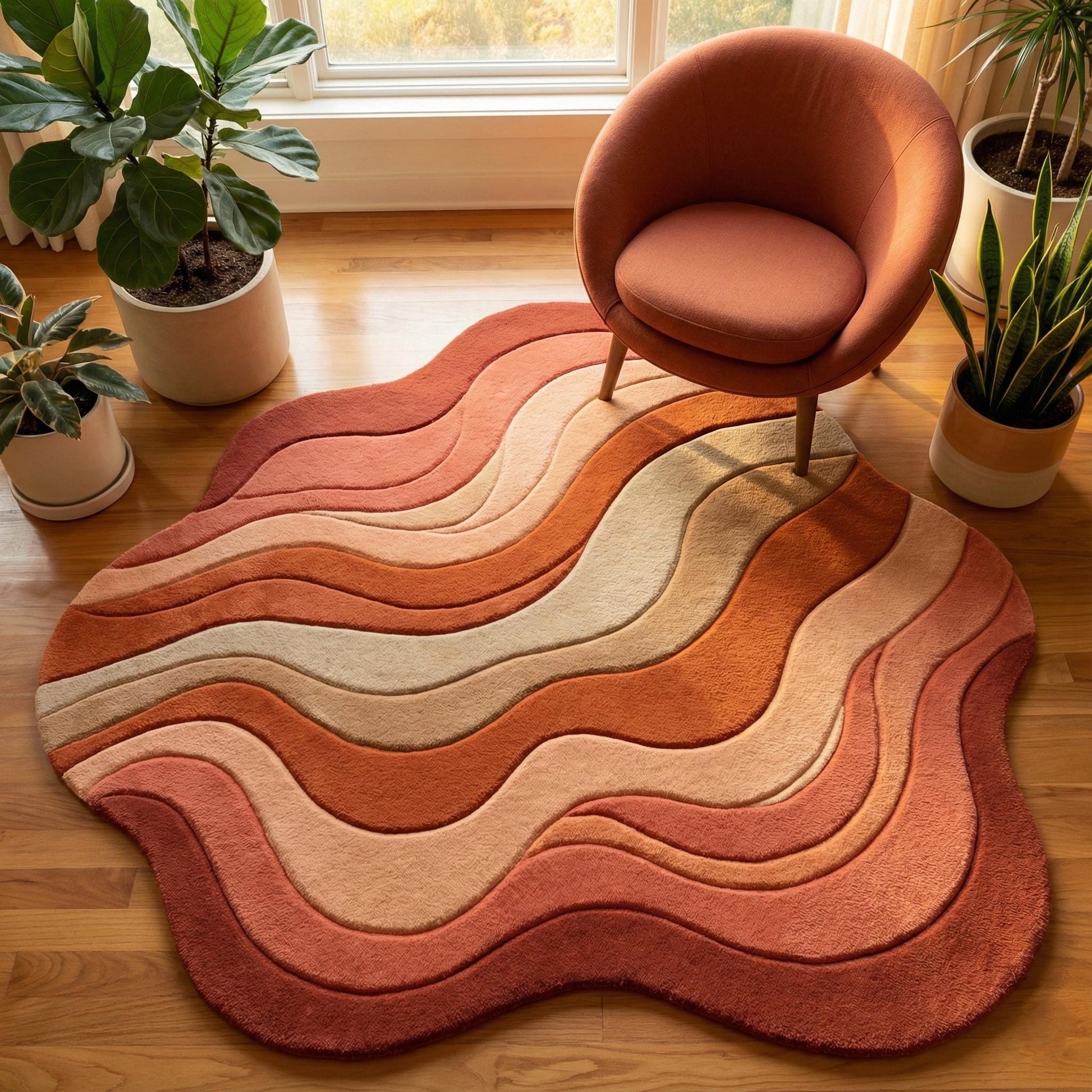 Wavy retro area rug with plush tufted texture and warm earth tones in organic sculpted shape