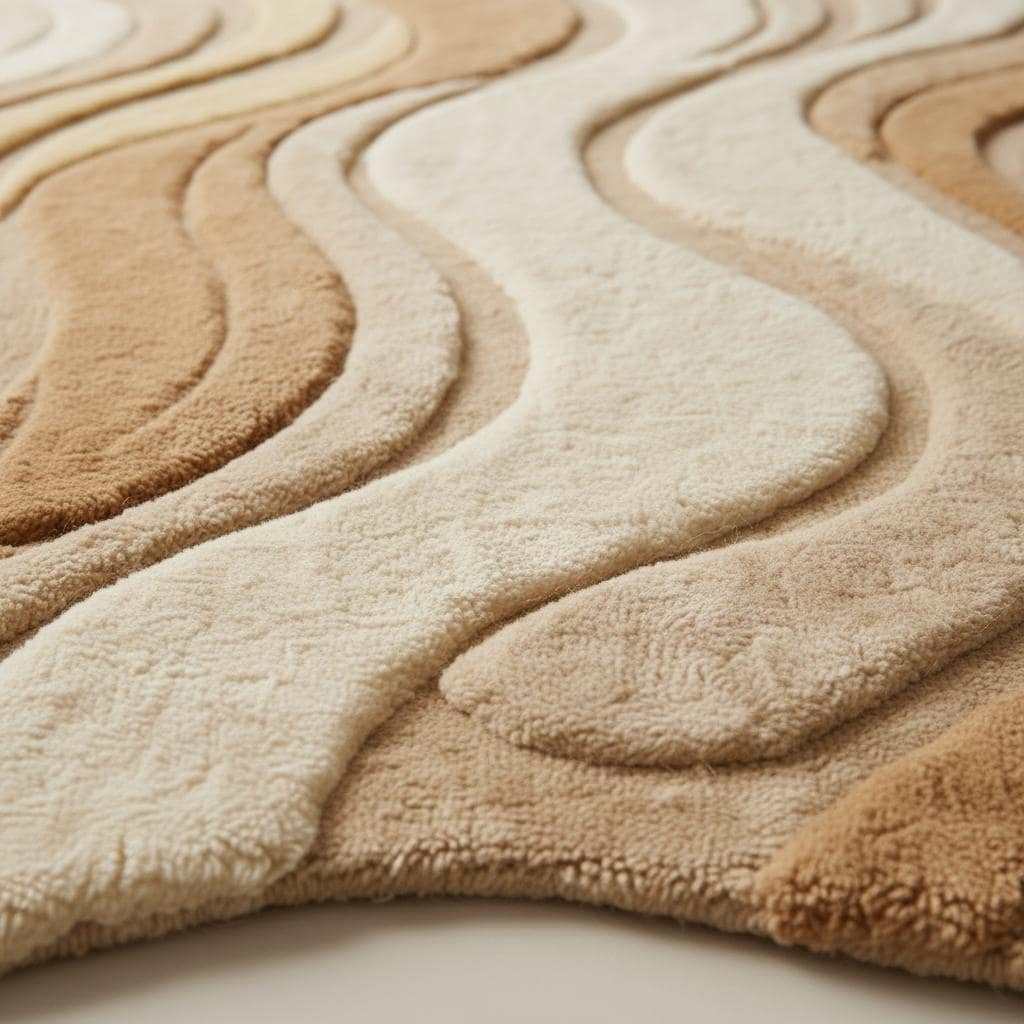 Neutral beige curved area rug with wavy sculpted texture for modern living rooms