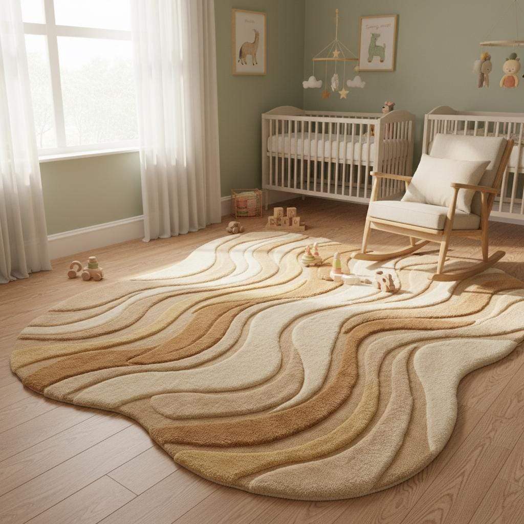 Curved area rug with wavy sculpted texture in neutral beige for modern living room decor