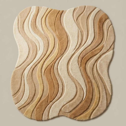 Curved area rug with wavy sculpted texture in neutral beige for modern living rooms