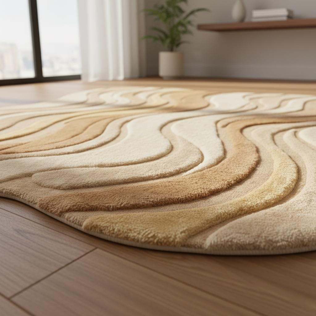 Neutral beige curved area rug with wavy sculpted texture for modern living room decor