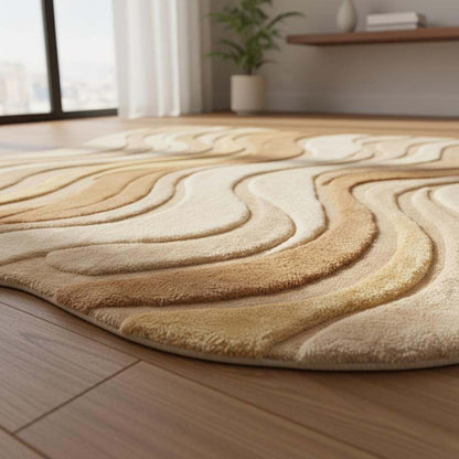 Neutral beige curved area rug with wavy sculpted texture for modern living room decor