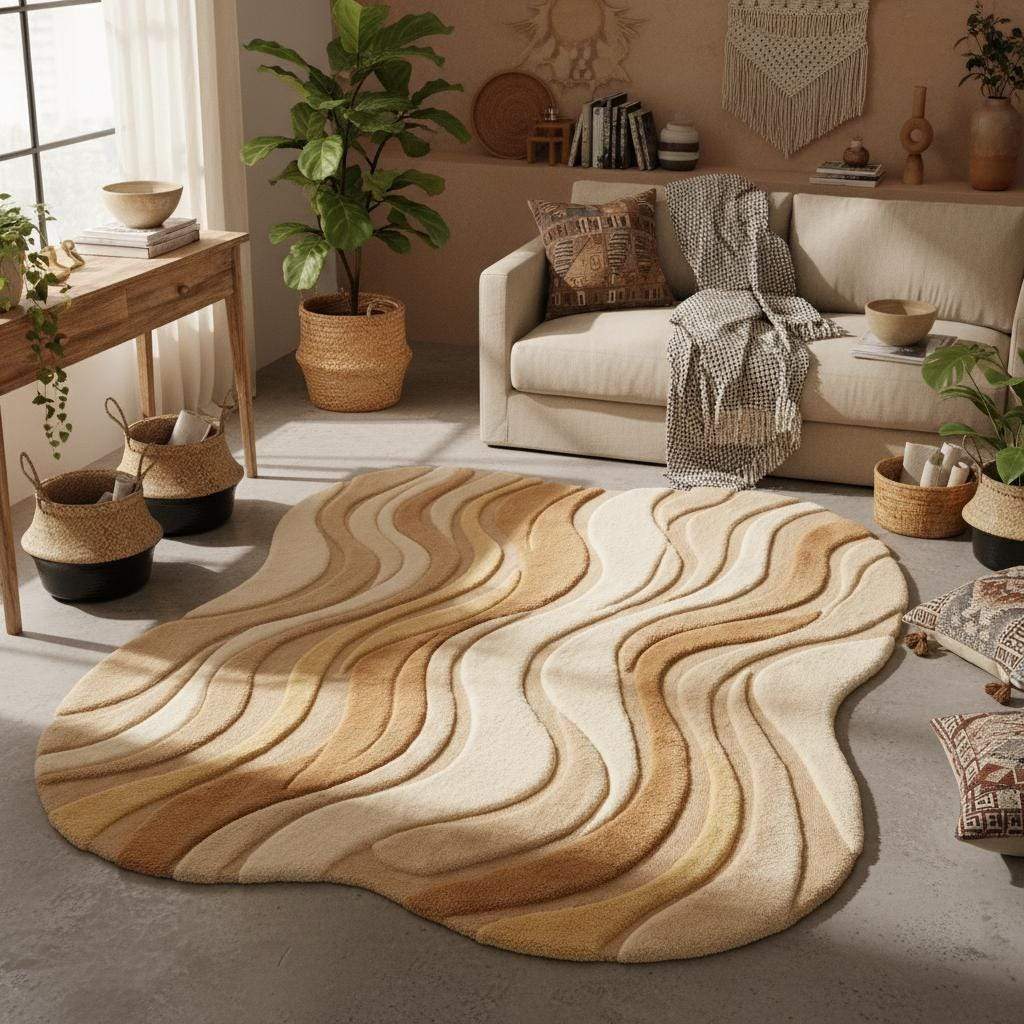 Neutral beige curved area rug with wavy sculpted texture in modern living room setting