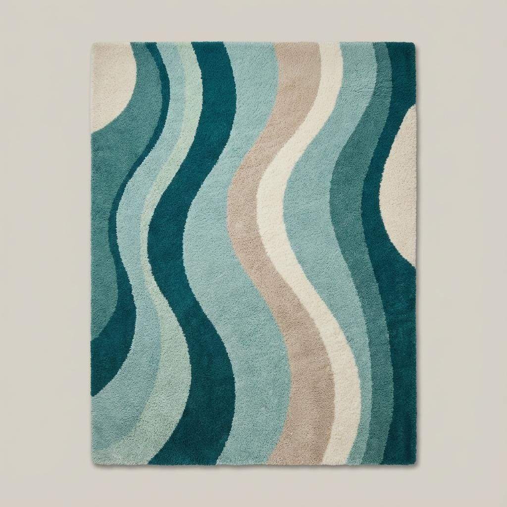 Soft plush retro accent rug featuring curvy abstract lines in teal and cream on a parquet floor.