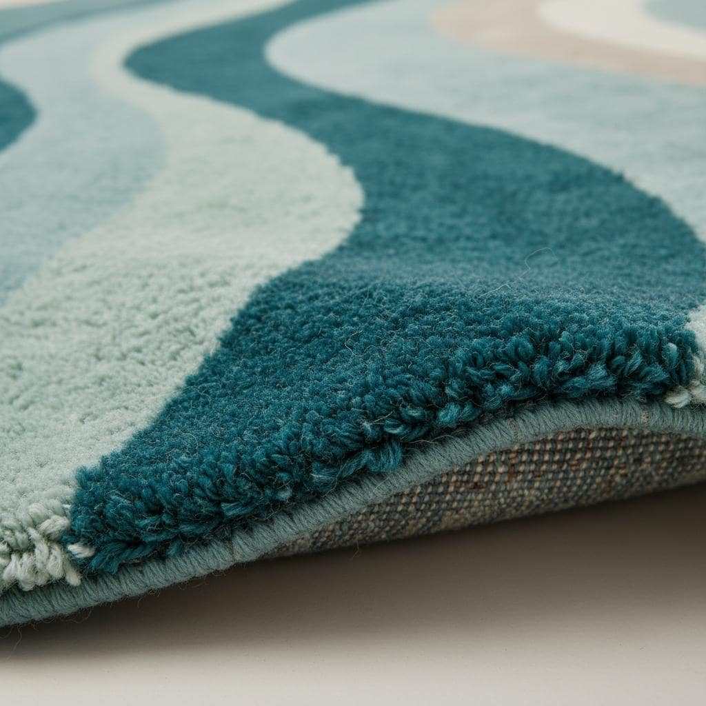 Close-up detail of a handmade tufted rug showing textured wool and stitching