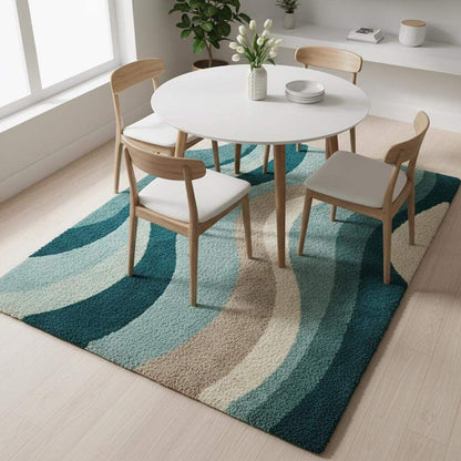 Modern plush rug with teal and beige wave pattern enhancing a cozy mid-century living room layout.