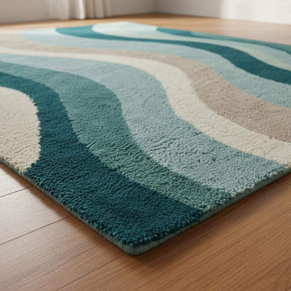 Teal wavy pattern carpet adding a retro touch to a bright living space with natural light.