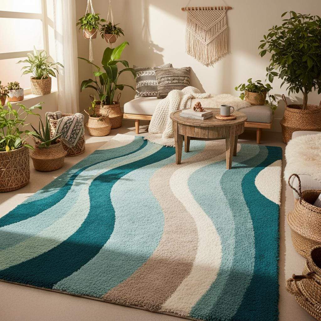 Scandinavian-inspired modern rug with bold wave design under mid-century chairs and sideboard.
