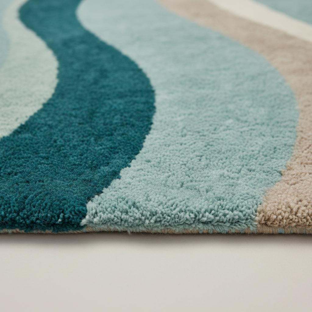 Mid century modern rug with teal and beige abstract wavy design and plush pile carpet