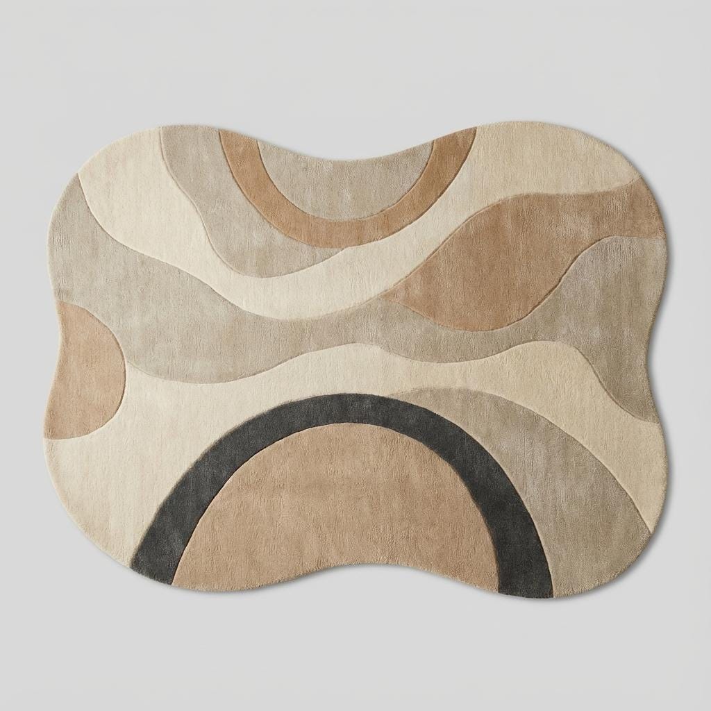 Neutral abstract wool rug featuring wavy contour pattern on wood floor beside armchairs and indoor plants.