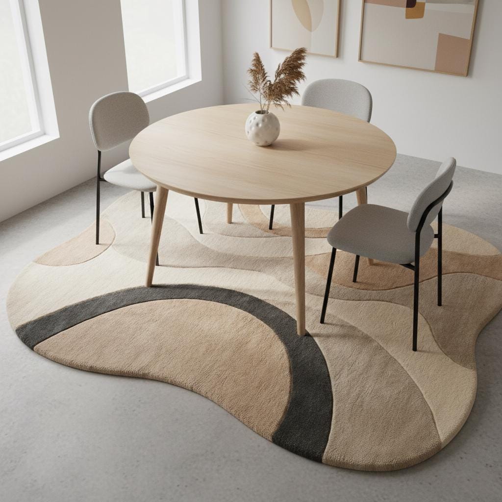 Hand tufted wool rug with organic curved design in neutral tones for modern home decor