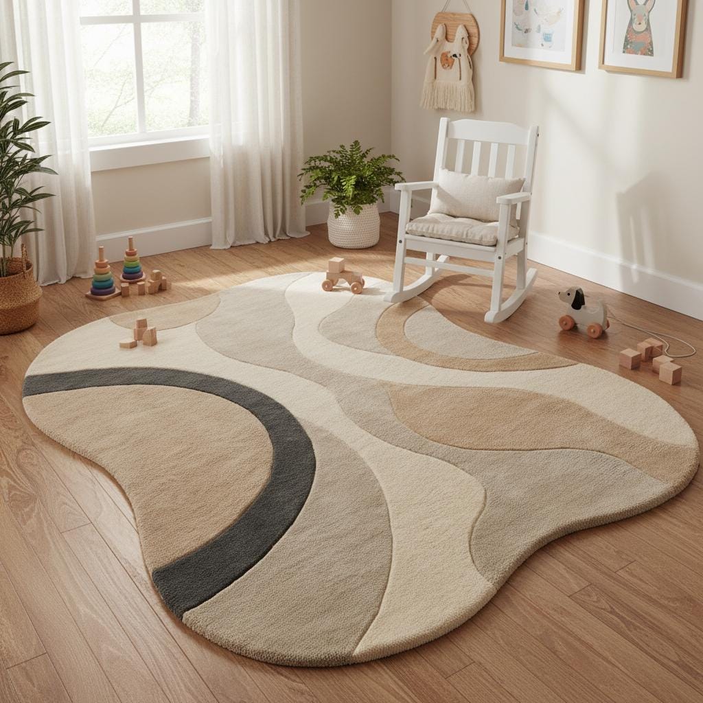 Beige and taupe abstract rug adding warmth to a Scandinavian-style room with wood herringbone flooring.