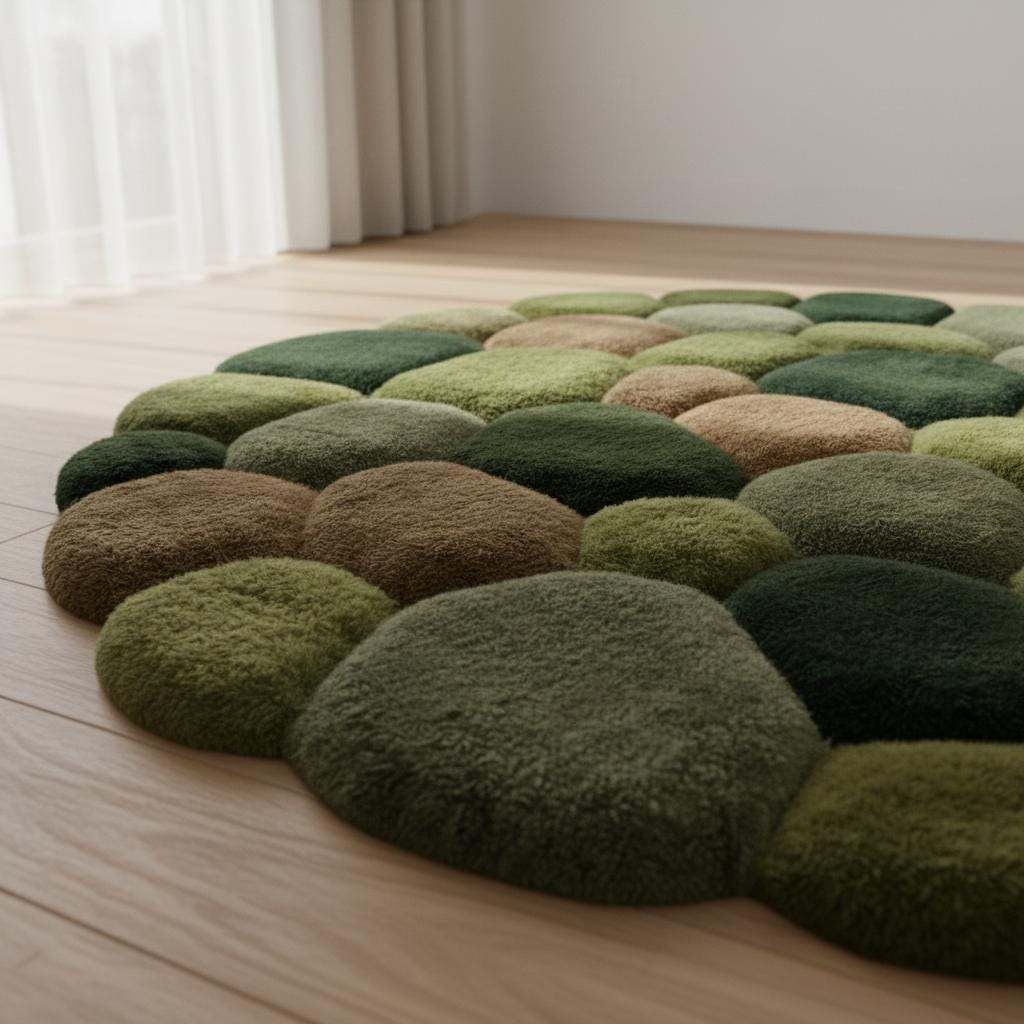 Green moss rug with 3D pebble texture, soft organic area rug for cozy modern floors