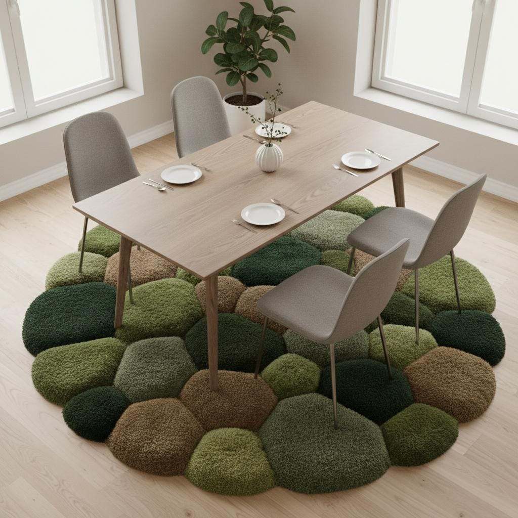 Soft textured moss rug with 3D pebble design for modern organic home decor