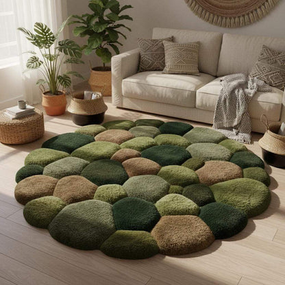 Organic modern pebble carpet with raised 3D shapes and earthy green palette decorating a minimalist living space.