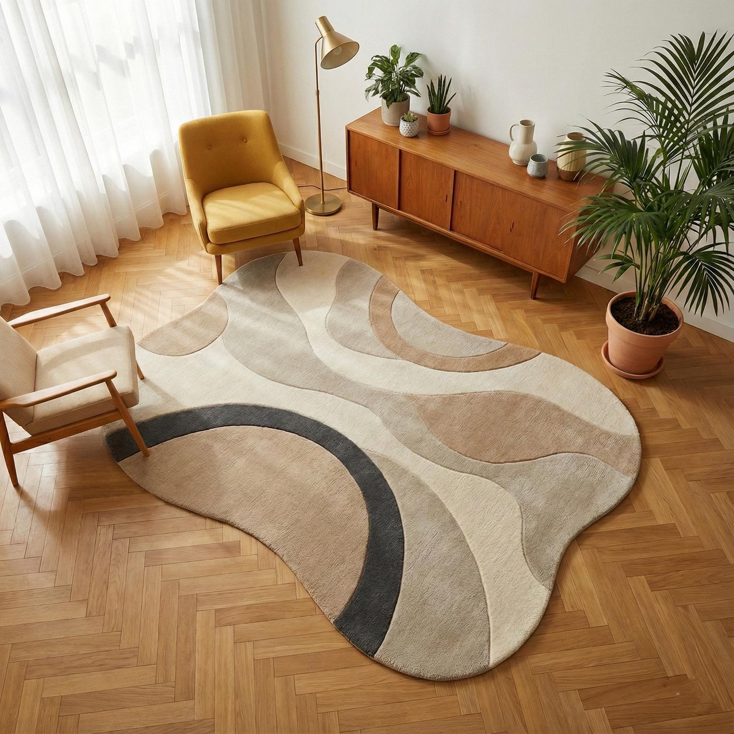 Hand tufted wool rug with organic shape and neutral tones for modern home decor