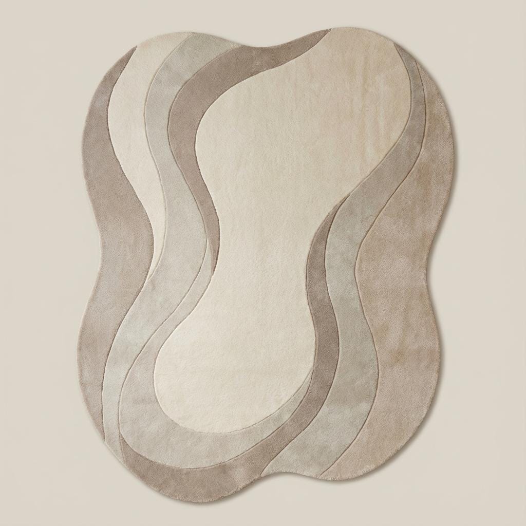 Organic shape abstract rug featuring layered curved design and soft neutral palette styled on parquet flooring with cozy seating.