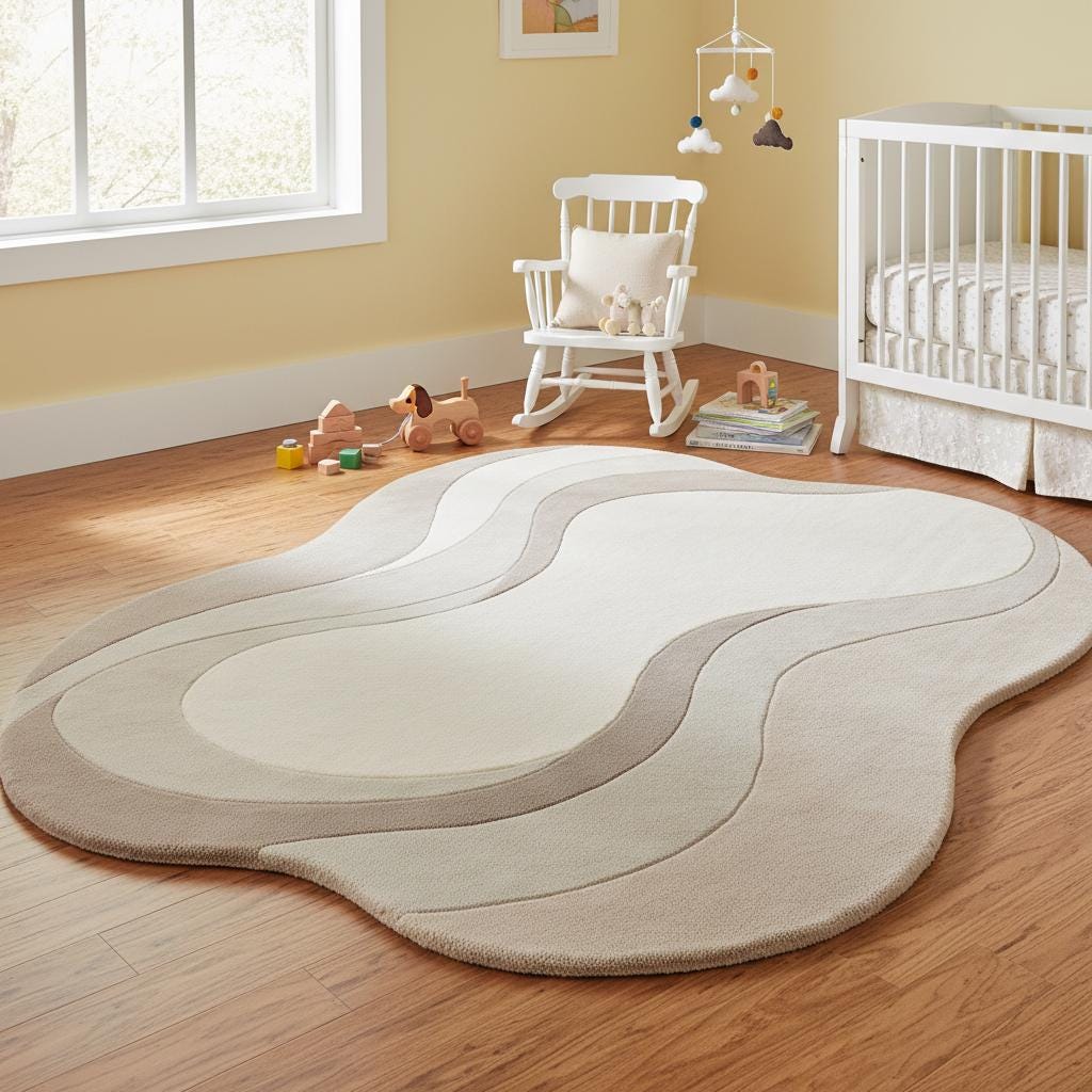 Beige and cream abstract rug with dimensional carved detailing shown in a warm, inviting living room décor layout.