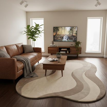 Curvy aesthetic area rug in muted neutrals creating a soft modern focal point in a Scandinavian-inspired interior space.
