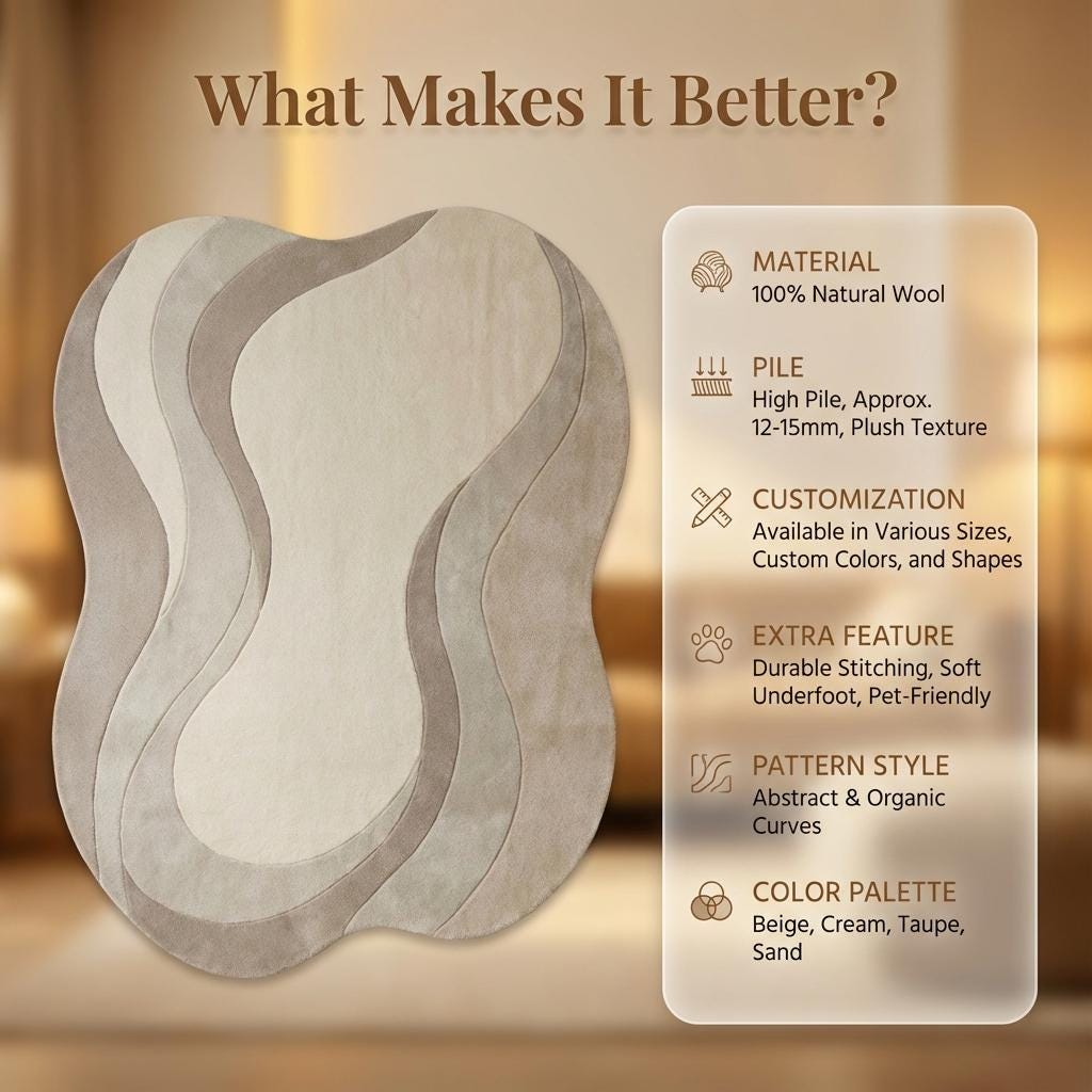 Neutral wavy area rug with sculpted curved abstract design and plush soft texture