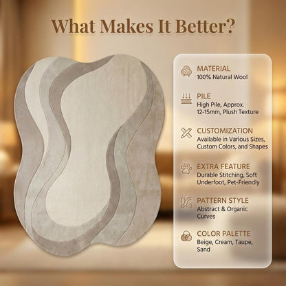 Neutral wavy area rug with sculpted curved abstract design and plush soft texture