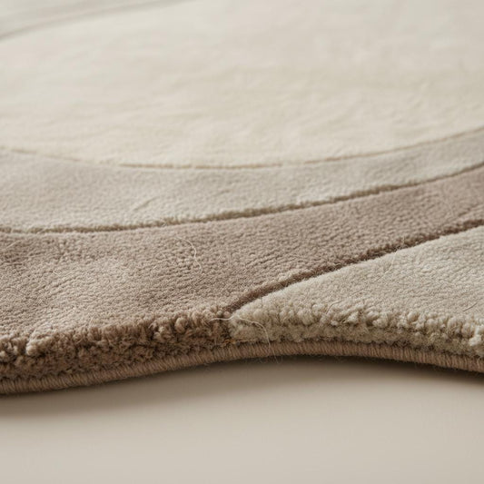 Close-up detail of a handmade tufted rug showing textured wool and stitching