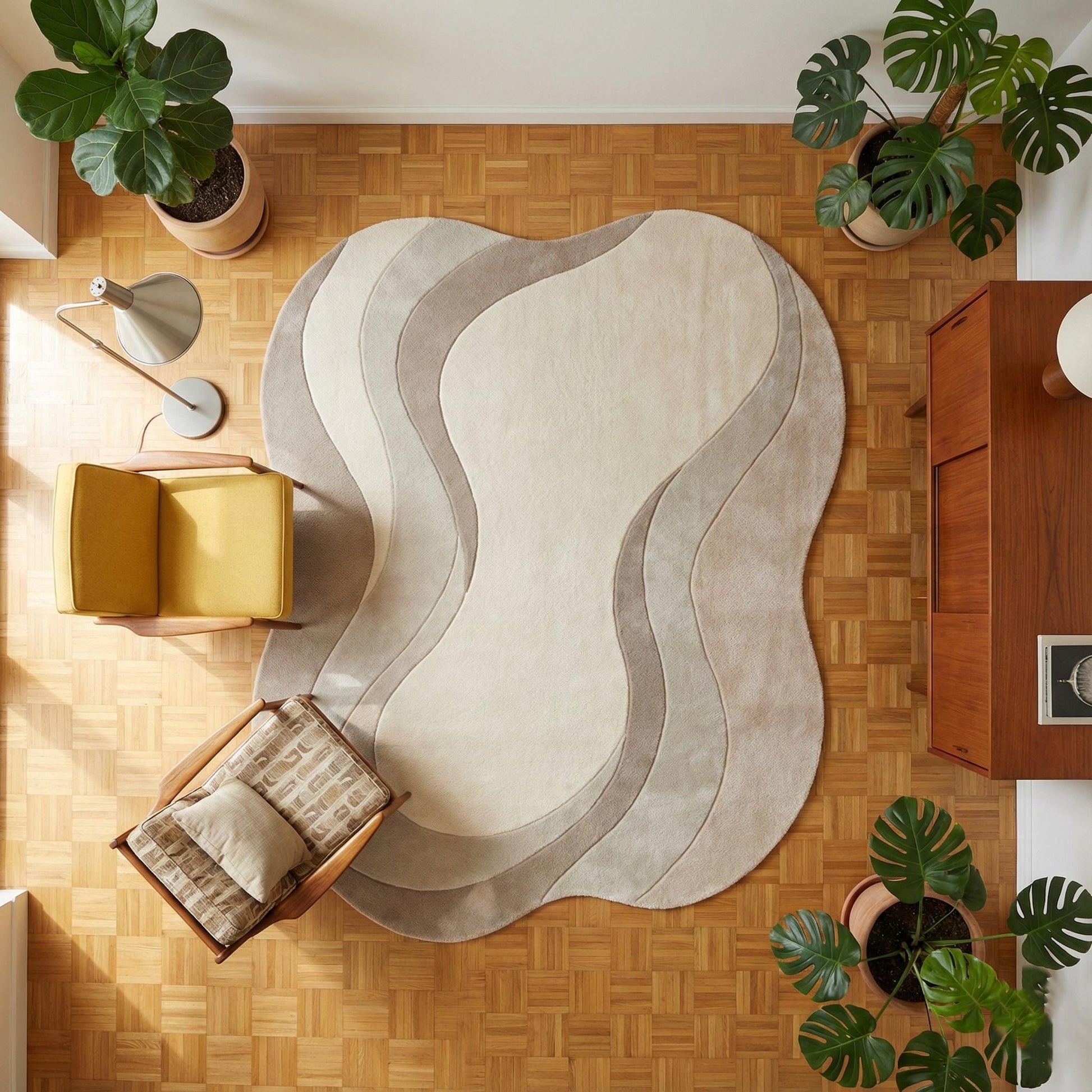 Neutral wavy area rug with sculpted curved abstract design and plush soft texture in beige tones