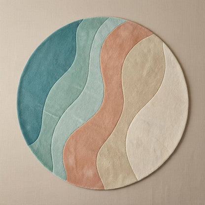 Colorful geometric circle rug with wavy abstract sections adding cozy texture to a bright contemporary living space.