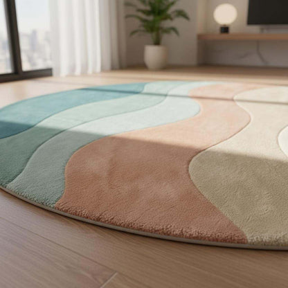 Modern wavy area rug with curvy wave design in soft teal, peach, sage, and cream tones, plush round carpet for living room decor