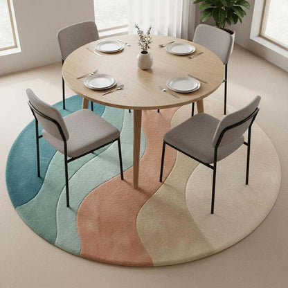Decorative round accent rug with modern geometric waves enhancing a Scandinavian-inspired room with natural light and wooden furniture.
